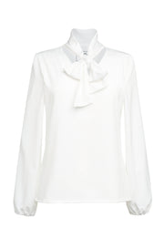 Andria L/S Tie Neck Blouse - White
