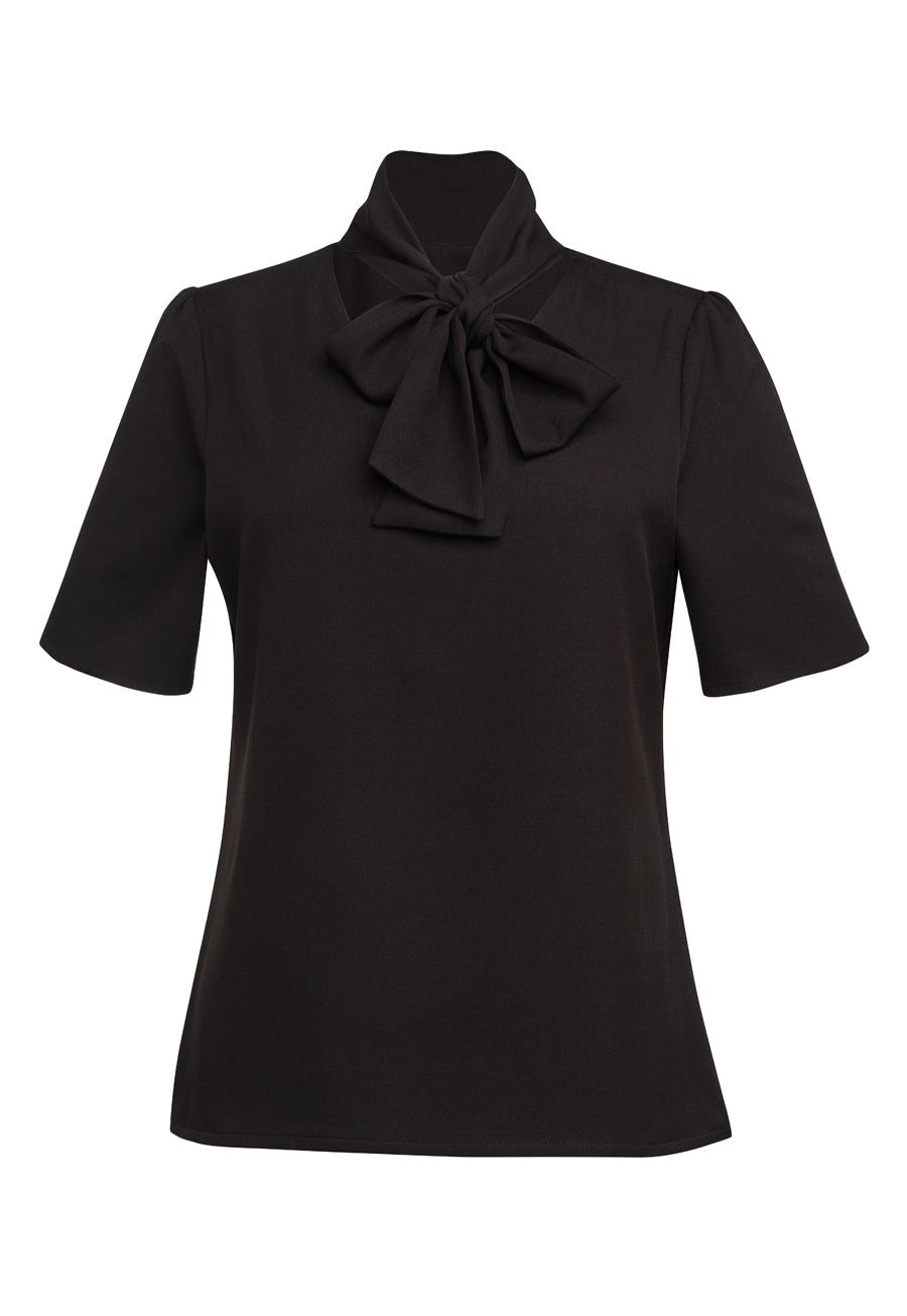 flavia s/s tie neck blouse - black